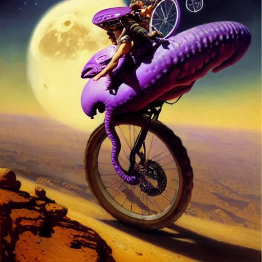 Image similar to a giant purple squid riding bicycle on the moon. highly detailed painting by gaston bussiere, greg rutkowski, j c leyendecker 8 k