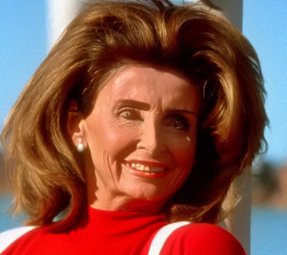 Image similar to color still shot of nancy pelosi on baywatch 1 9 8 9 tv show, face closeup,