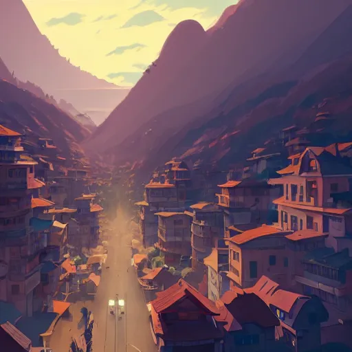 Image similar to a mountain city with lot's of clouds, detailed, cory loftis, james gilleard, atey ghailan, makoto shinkai, goro fujita, studio ghibli, rim light, exquisite lighting, clear focus, very coherent, plain background