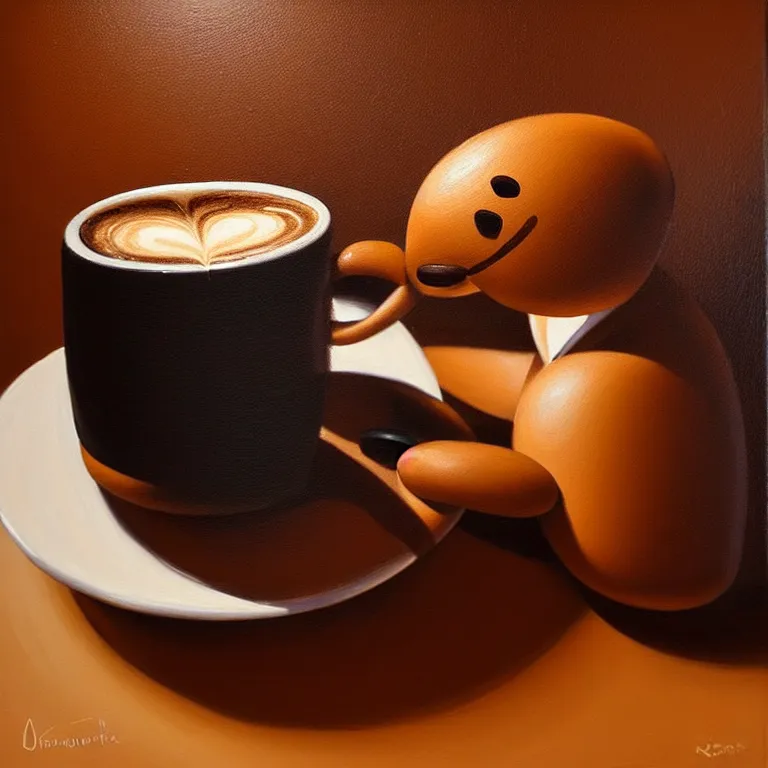 Image similar to an anthropomorphic coffee bean drinking a cup of espresso, photorealism, oil on canvas, soft textures, warm lighting