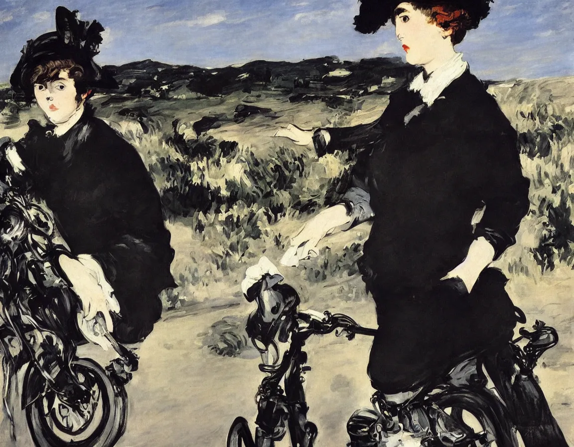 Image similar to edouard manet. a wide portrait of a marie from the side all dressed in black on a motorcycle on a highway looking over her shoulder towards us. blue sky. there is another motorcycle blurred in the background. precise thin brush strokes. expressive. emotional. modern.