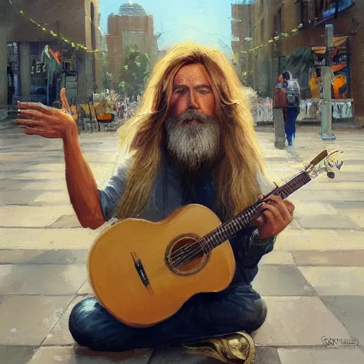 Prompt: oil painting of a man with long hair blond and a beard hippie style with his golden retrever dog playing guitar in the square for money, people watching around, by greg rutkowski, artstation