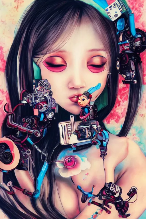 Image similar to pop surrealism, lowbrow cute girl painting, hyper realism, robotic girl, japanese street fashion