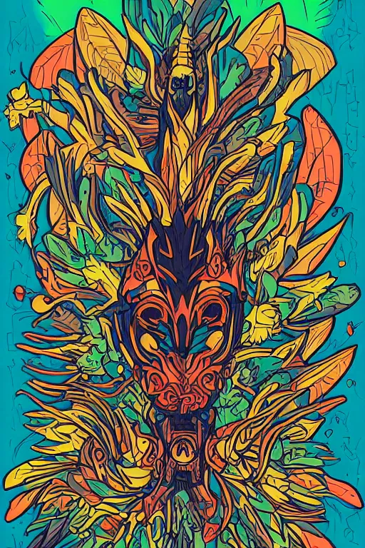 Image similar to animal mask totem roots flower tribal feather gemstone plant wood rock shaman vodoo video game vector cutout illustration vivid multicolor borderlands comics by josan gonzales and dan mumford radiating a glowing aura