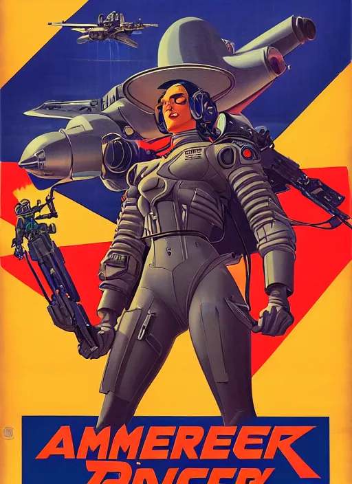 Image similar to american propaganda poster art. powerful cyberpunk pilot. portrait by jean giraud and anton otto fischer and john philip falter and will eisner and gil elvgren and pixar. full body. realistic proportions. science fiction d & d. overwatch, rb 6 s, cyberpunk 2 0 7 7, blade runner 2 0 4 9. cel shading. thick lines.