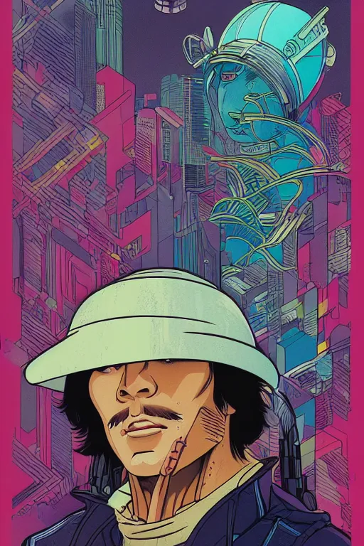 Image similar to 1 9 7 9 omni magazine cover of hiroyuki sanada in a rice hat. stylized cyberpunk art by josan gonzalez.