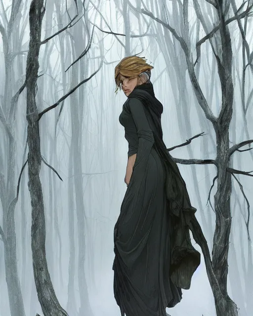 Image similar to elsa walking in a forest, winter, somber, sad, black dress, low light, foggy at dawn, sunlight visible through tree leaves, misty, magic, atmospheric art by artgerm and greg rutkowski and alphonse mucha and by artgerm, by studio muti, greg rutkowski makoto shinkai takashi takeuchi,