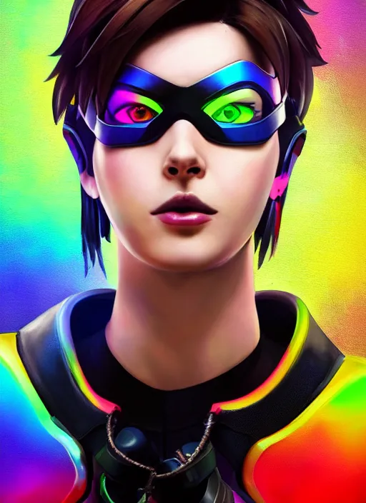 Image similar to overwatch style oil painting portrait of tracer overwatch, confident pose, wearing black iridescent rainbow latex, rainbow, neon, 4 k, expressive surprised expression, makeup, wearing black choker, wearing sleek armor, studio lighting, black leather harness, expressive detailed face and eyes,