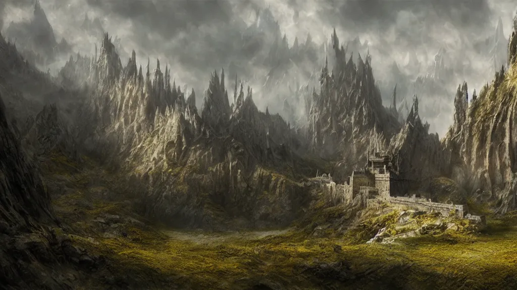 Image similar to middle - earth, by alan lee, michal karcz, smooth details, lord of the rings, game of thrones, smooth, detailed terrain, oil painting, trending artstation, concept art, fantasy matte painting