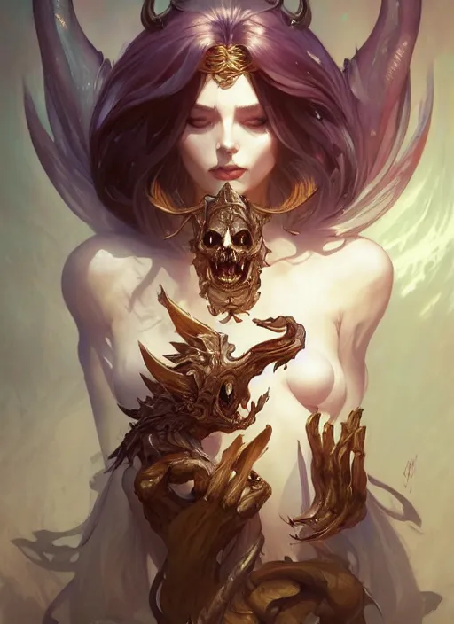 Image similar to summoner with a cute death elemental, fantasy, intricate, elegant, highly detailed, digital painting, artstation, concept art, wallpaper, smooth, sharp focus, illustration, art by artgerm and greg rutkowski and alphonse mucha