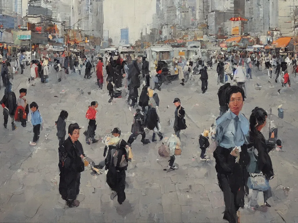 Prompt: ‘The Center of the World’ (Liu Xiaodong realist oil painting, large brushstrokes, colorful crowded city street) was filmed in Beijing in April 2013 depicting a white collar office worker. A man in his early thirties – the first single-child-generation in China. Representing a new image of an idealized urban successful booming China.