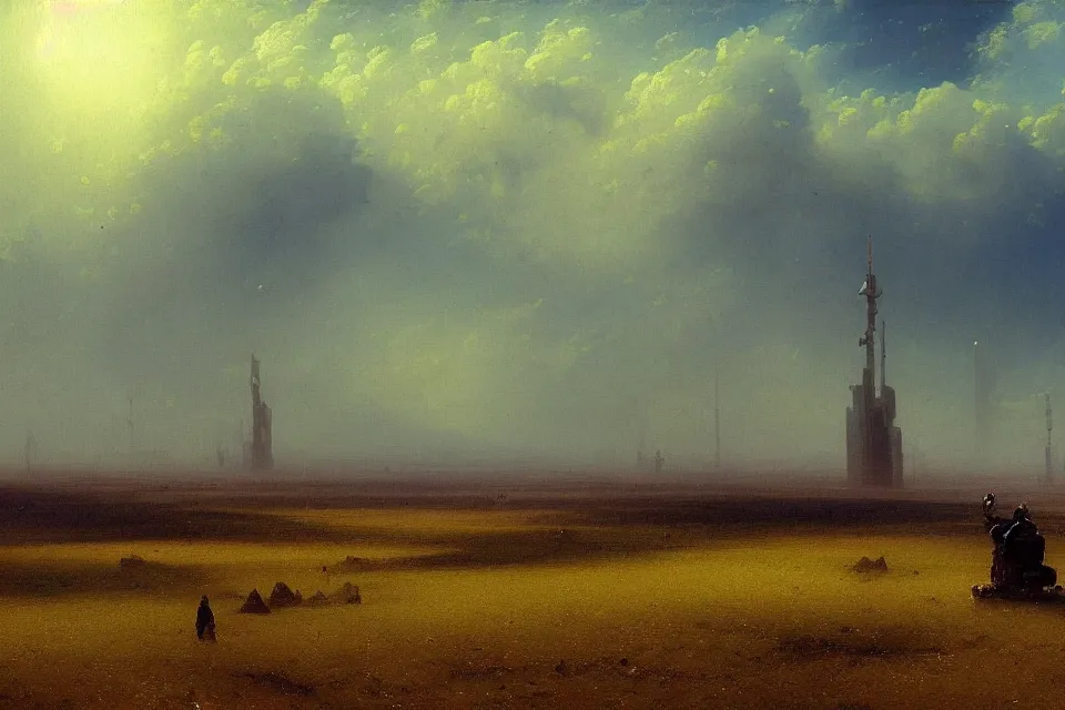 Image similar to sci-fi painting of a large alien city on the vast wheat fields, the closed back view of only one humanoid robot on the ground, by Ivan Aivazovsky, godrays, detailed