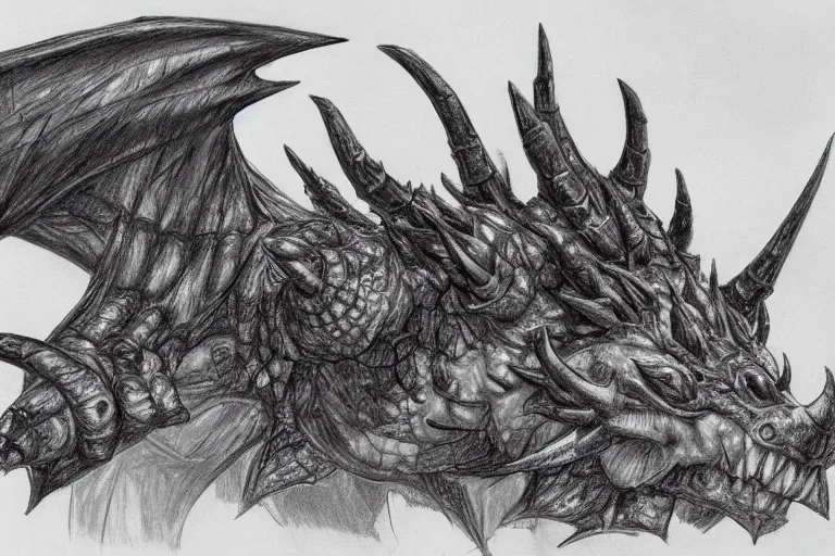 Image similar to pencil sketch of bowser with huge horns and scales and talons in a ruined kingdom, resident evil, horror, occult, terror, mist, volumetric render, detailed