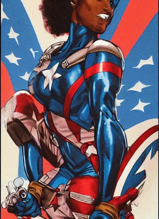 Image similar to beautiful black female captain america. afro - feminist captain america wins wwii. american wwii propaganda poster by james gurney, rob liefeld and pixar. gorgeous face. overwatch, realistic. black power