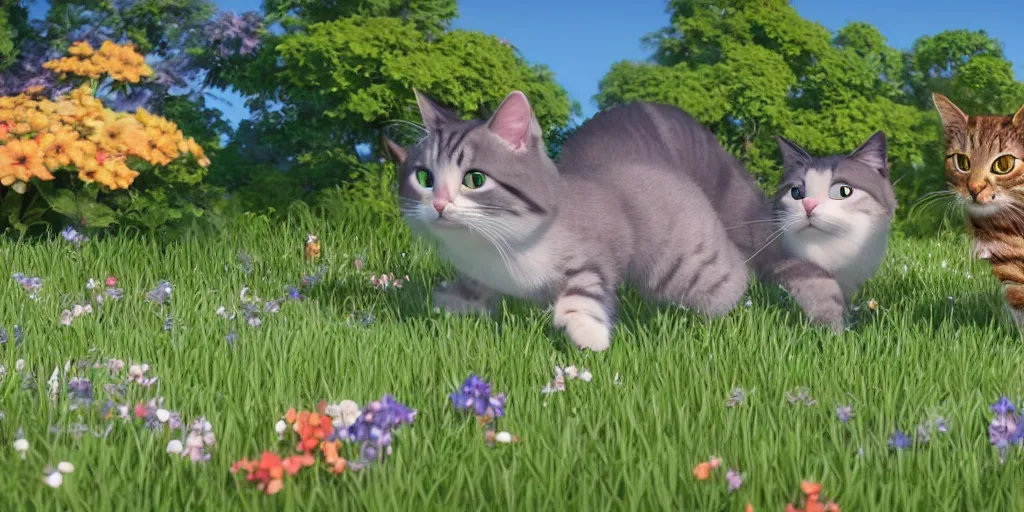 Prompt: a close up of a cat and a dog playfully chasing butterflies in a park!, studio ghibli, pixar, disney, by artgerm, rutkowski, miyazaki, makoto shinkai, mamoru hosada, bloom, rendering by unreal engine 5, cinematic lighting, highly detailed, intricate, sharp focus, trending on artstation