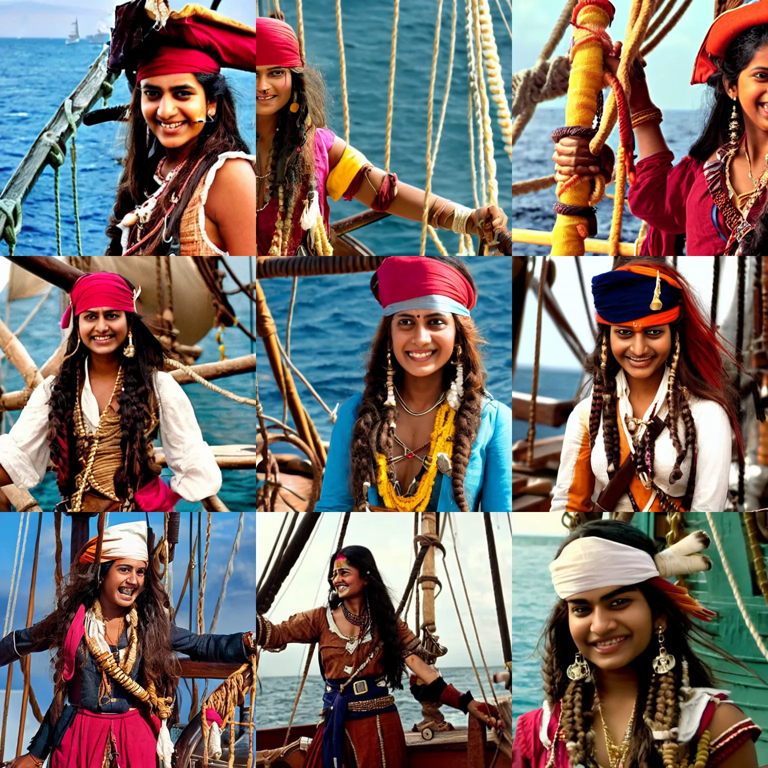 Prompt: A young Indian woman wearing a pirate uniform, smiling, swagger, on the deck of a sailing ship, film still from 'Pirates of the Caribbean' (2003)