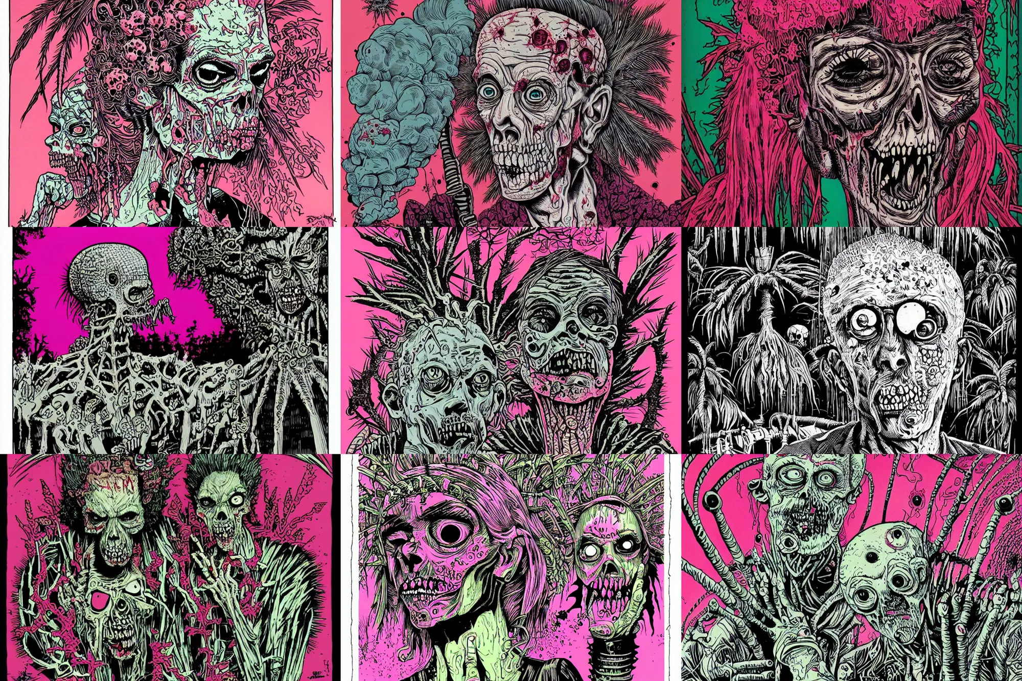 Prompt: zombie portrait by mcbess featuring pink brains, by Philippe Druillet, palm trees, full colour