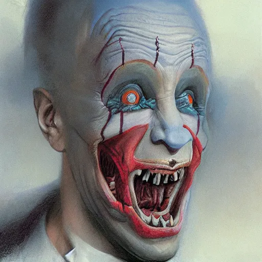 Prompt: vladimir putin, drunk jester, drunk circus performance, wearing clown nose, horror teeth, fantasy 3 d render, masterpiece, by donato giancola and greg rutkowski and wayne barlow and zdzisław beksinski, realistic face