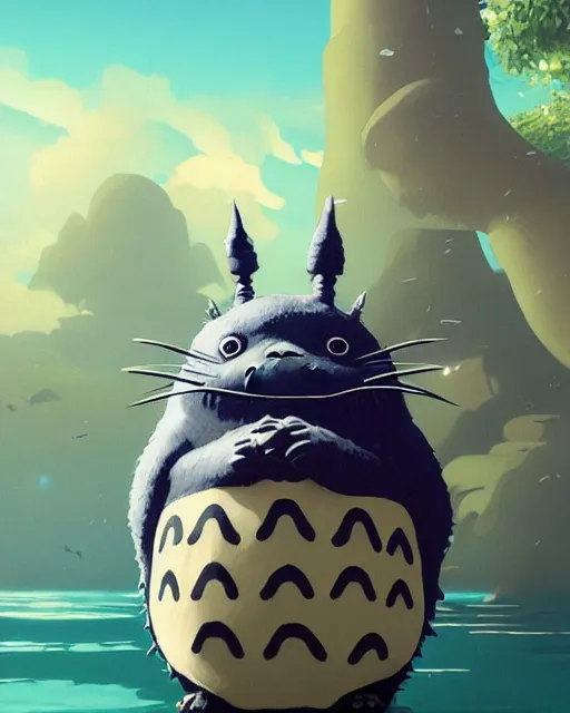 Image similar to highly detailed surreal vfx portrait of totoro in a seaside village, stephen bliss, unreal engine, greg rutkowski, loish, rhads, beeple, makoto shinkai and lois van baarle, ilya kuvshinov, rossdraws, tom bagshaw, alphonse mucha, global illumination, detailed and intricate environment