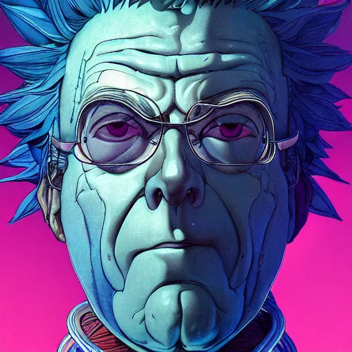 Image similar to 9 5 5 5 rick sanchez portrait by and james jean and katsuhiro otomo and erik jones, inspired by ghost in the shell anime, beautiful fine face features, intricate high details, sharp, ultradetailed, 3 d octane render