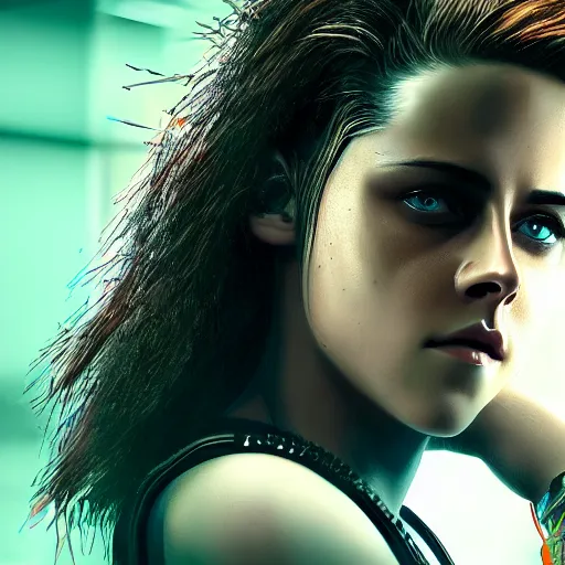 Prompt: kristen stewart portrait, Cyberpunk 2077, photorealistic, ultra detailed, cybernetic head, neon, octane, bokeh, cyber, cyber style, feature, scars, cyberface, 8k