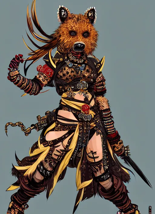 Prompt: Full body portrait of a beautiful female gnoll ninja in ornate garb with brown fur, emanating menacing aura, vibrant colours, chosen by the god, ornate. In style of Yoji Shinkawa and Hyung-tae Kim, trending on ArtStation, dark fantasy, great composition, concept art, highly detailed, dynamic pose.