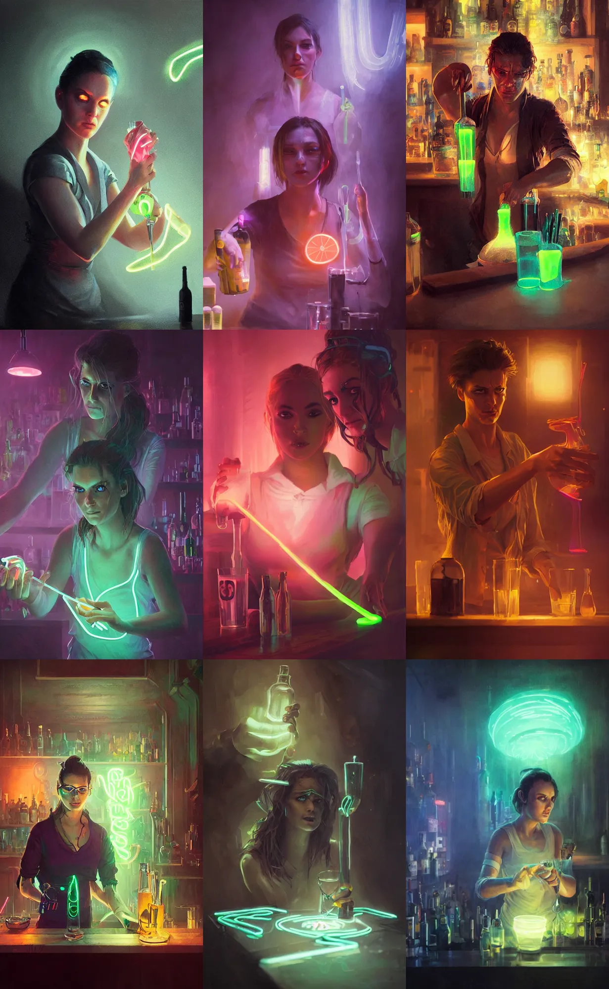 Prompt: a bartender with neon glow sticks for eyes serving eyeballs in a glass, concept art, detailed face, fantasy, highly detailed, cinematic lighting, digital art painting by greg rutkowski