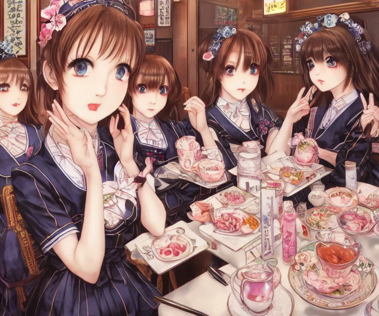 Image similar to maid cafe in akihabara by chie yoshii and artgerm, intricate, face, symmetrical eyes, japanese akihabara cafe, elegant, beautiful, highly detailed, dramatic lighting, sharp focus, trending on artstation, artstationhd, artstationhq, unreal engine, 4 k, 8 k