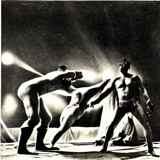 Prompt: photograph of lucha libre, nineteen twenties, avant garde, german expressionist cinema, by fritz lang, dramatic lighting, epic composition