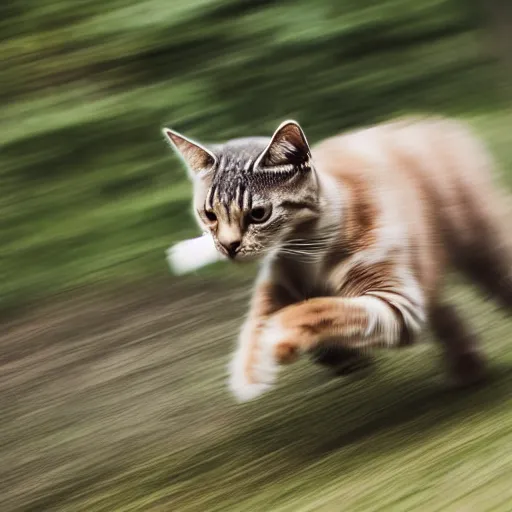 Image similar to photo of a fast blurry cat with motion blur, moving at the speed of light through outer space