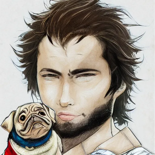 Image similar to self portrait, young white hispanic handsome man with short light brown hair and light skin and a 5 o clock shadow and holding a pug while fighting against 2 swordsmen pencil art, added detail, high definiton, colored, backfacing, illustrated by yoji shinkawa