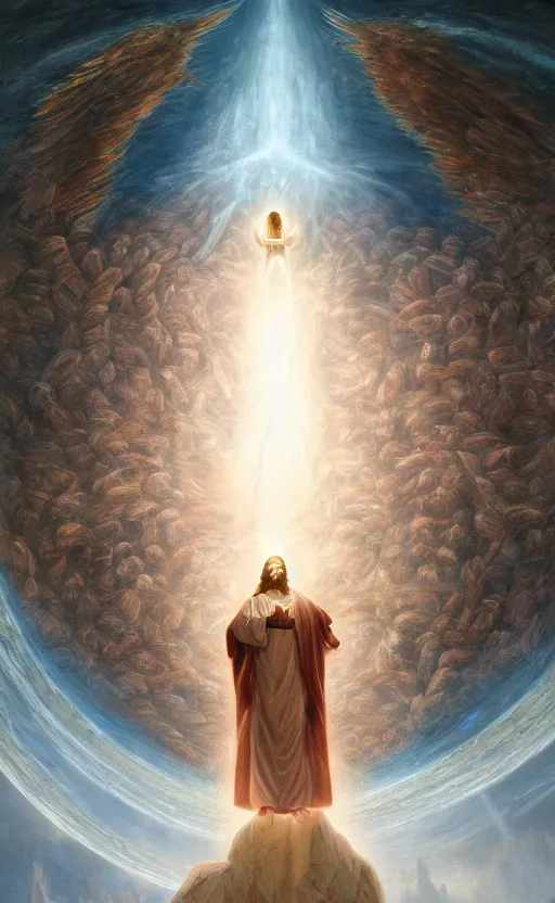 Prompt: jesus looking into a portal hopping and time warping with reckless abandon, surrounded by thousands of angels, masterpiece digital painting by Greg Rutkowski, Alex Grey, artstation, 4k wallpaper