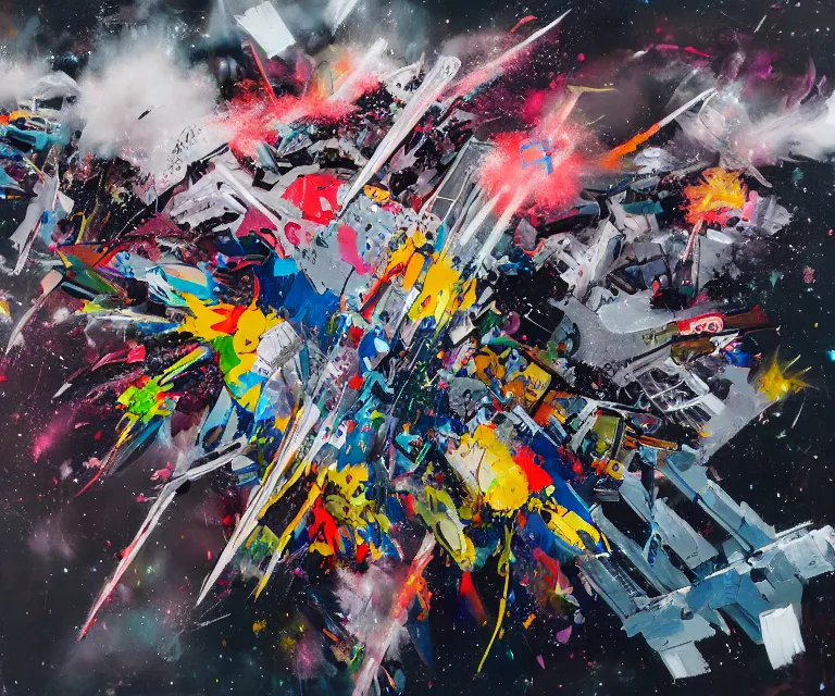 Prompt: acrylic and spraypaint action portrait of giant origami space fleet battling in space, exploded parts assembly, explosions, graffiti wildstyle, large brush strokes, painting, paint drips, acrylic, clear shapes, spraypaint, smeared flowers, large triangular shapes, painting by totem 2, jeremy mann, ashley wood, masterpiece