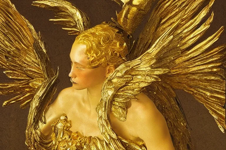 Image similar to a surreal angel with gilded wings and gold accents by Stephan Duquesnoy,