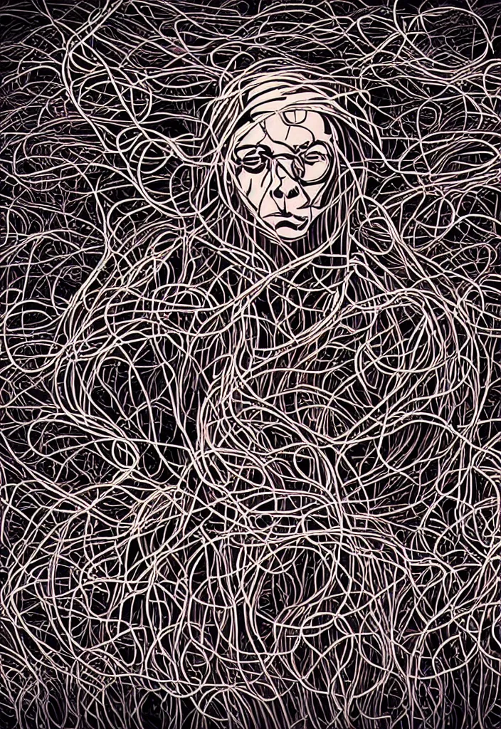 Image similar to a portrait of a spaghetti monster with 100 human heads, flat design, screen print, 8k unreal engine