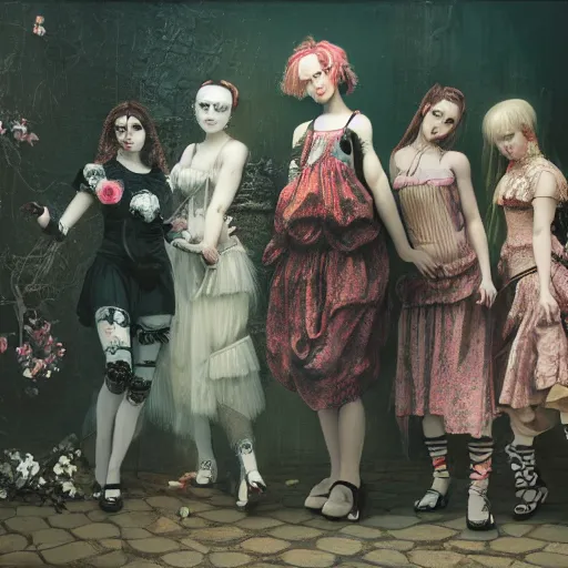 Image similar to 8k, octane render, cyberpunk painting, realism, tonalism, renaissance, rococo, baroque, group of creepy young ladies wearing long harajuku manga dress with flowers and skulls, background chaotic flowers