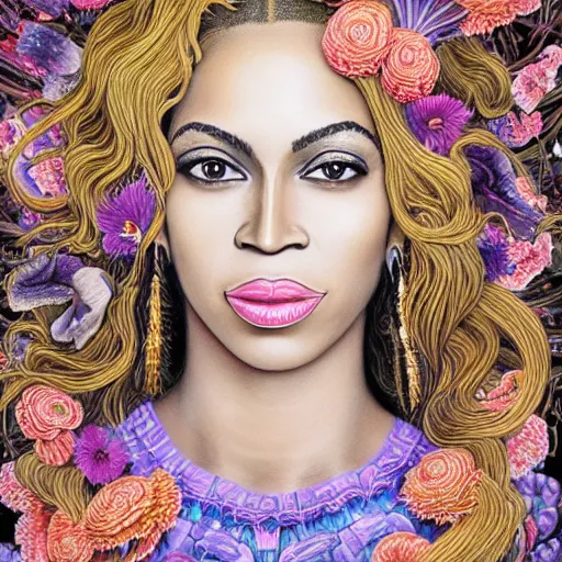 Image similar to facial portrait of Beyonce as a young pretty woman in flowing dress, arrogant, mysterious, long fine flowing hair, delicate, looking at camera, slightly awkward smile, realistic face, no hands visible, intricate, stylish, elegant, grimdark fantasy, flowers, extremely detailed painting by Martine Johanna and Ernst Haeckel and Greg Rutkowski