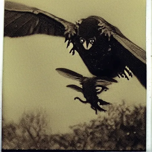 Image similar to mothman flying at the camera, polaroid, blurry, scary, found footage horror, terrifying
