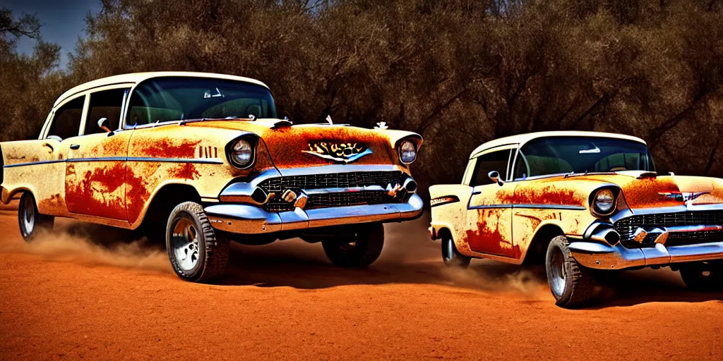 Image similar to rusty 1957 Chevrolet Bel Air, off-road, lifted, 4x4, K10, trophy truck, cinematic, Maxxis, 8k, depth of field, mexican desert, bokeh, DAKAR.