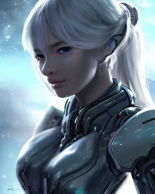 Image similar to detailed portrait of perfect android girl, warframe armor, beautiful face, scifi, futuristic, space station, laboratory, song hye - kyo, dreamy, long white hair, blue cyborg eyes, cinematic lighting, innocent, highly detailed, sharp focus, smooth, artstation, intricate, award winning, pure aura, divine, by akihiko yoshida