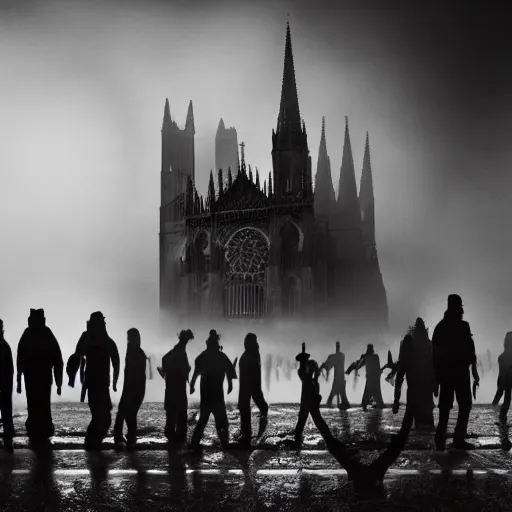 Image similar to zombies in front of gothic cathedral, fog, crepuscular, martian volumetric lights