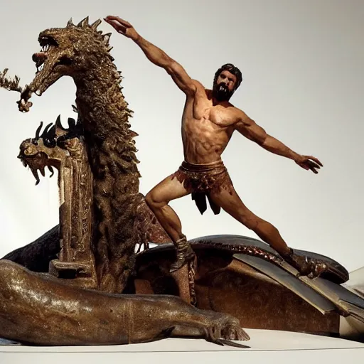 Image similar to The kinetic sculpture depicts the mythical hero Hercules in the moments after he has completed one of his twelve labors, the killing of the Hydra. Hercules is shown standing over the dead Hydra, his body covered in blood and his right hand still clutching the sword that slew the beast. His face is expressionless, betraying neither the exhaustion nor the triumph that must surely accompany such a feat. warm indigo by Serge Marshennikov, by Marco Mazzoni energetic