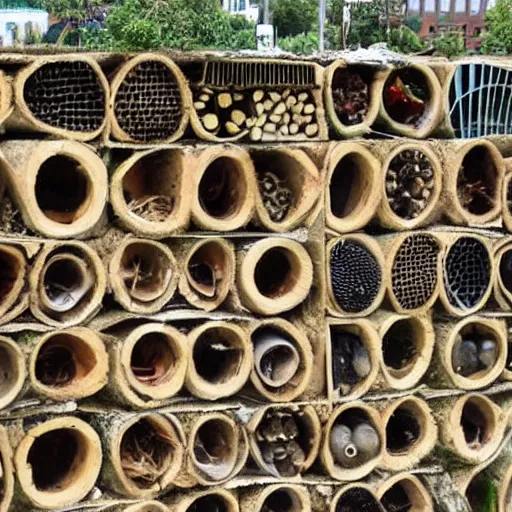 Image similar to insect hotel combined with modern buildings, cityscape, photograph