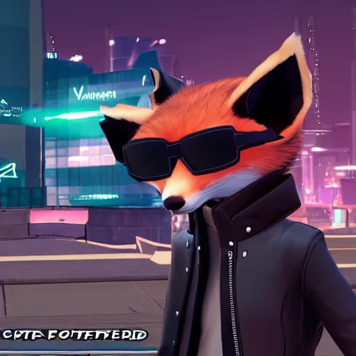 Prompt: VRChat screenshot of anthropomorphic fox wearing cool sunglasses and a cyberpunk black leather jacket, realistic game still at night