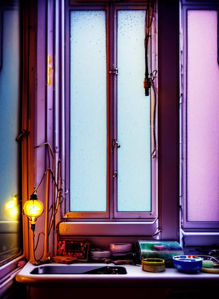 Prompt: telephoto 7 0 mm f / 2. 8 iso 2 0 0 photograph depicting the feeling of chrysalism in a cosy cluttered french sci - fi ( art nouveau ) cyberpunk apartment in a pastel dreamstate art style. ( computer screens, window ( rain ), sink, lamp ( ( fish tank ) ) ), ambient light.