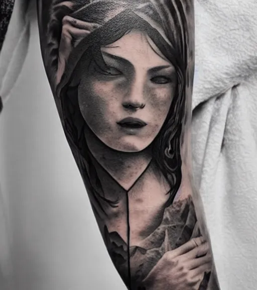 Prompt: a beautiful girl faded in a mountain scenery, realism tattoo, in the style of den yakovlev, black and white, hyper realistic, highly detailed