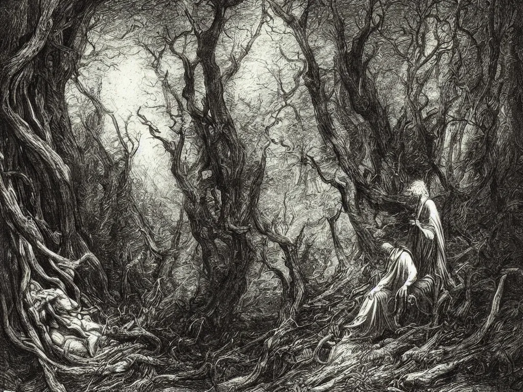 Image similar to “An engraving of Dante within a dark tangled forest, Wistman’s Wood by Gustave Dore”