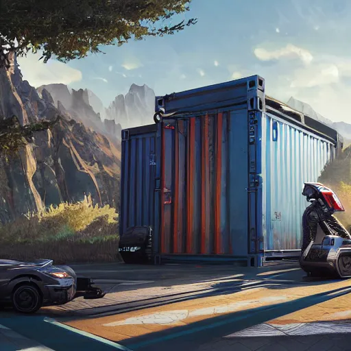 Prompt: electric vehicle plugged into a sci - fi container from apex legends, daytime, a sense of hope and optimism, hyper realistic, high res, 4 k, warm light, edouard groult, kirill leonov, isaac zuren