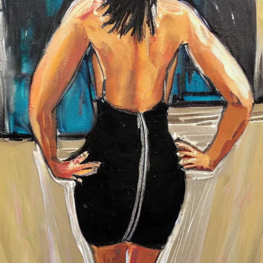 Image similar to a messy painting of a black dress being unzipped from behind