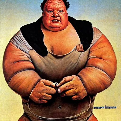 Image similar to dynamic upper body portrait of wrestler giant haystacks as baron harkonnen in 1982 movie dune, by norman rockwell and boris vallejo